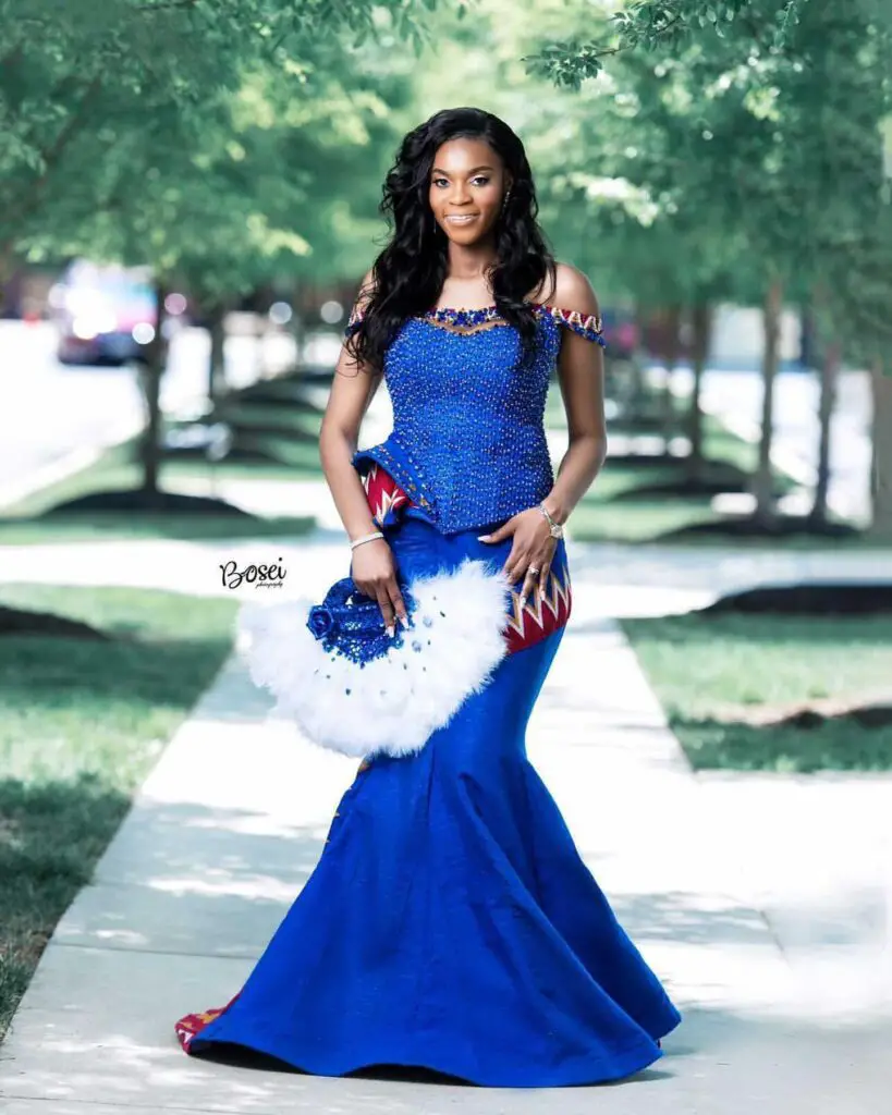 Blue Kente Styles Outfit worn by a Ghanaian bride