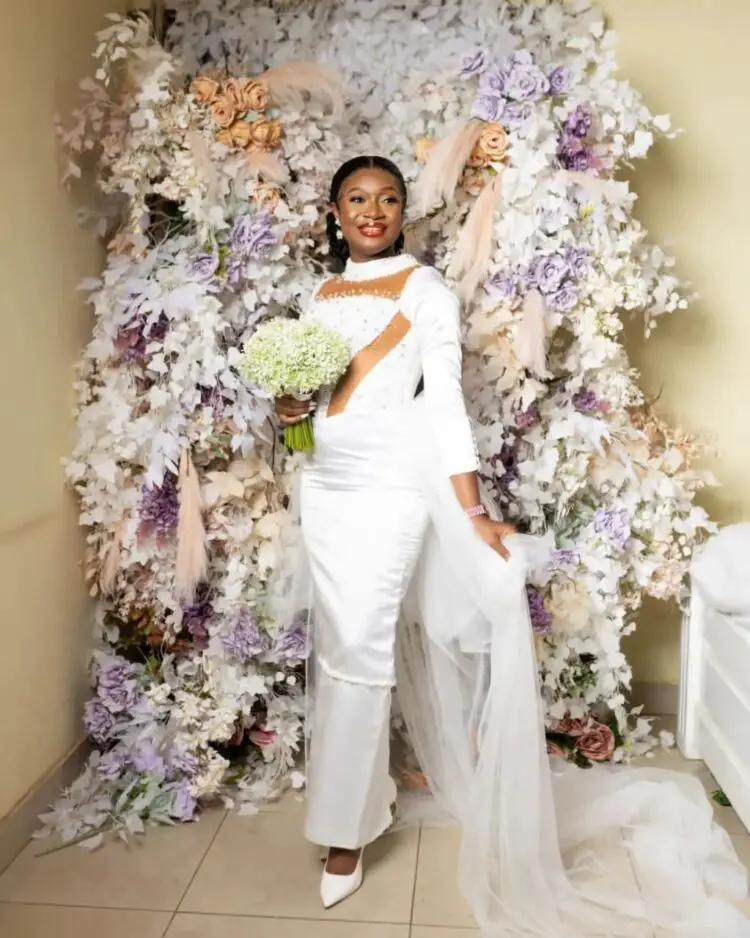 A long Civil Wedding Dress with gold strips