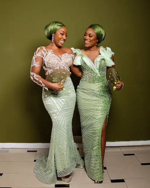 Green lace long bridesmaid dress styles.