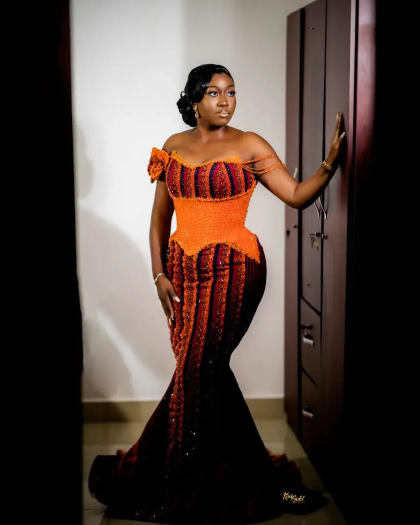 orange and black Kente Styles for Engagement