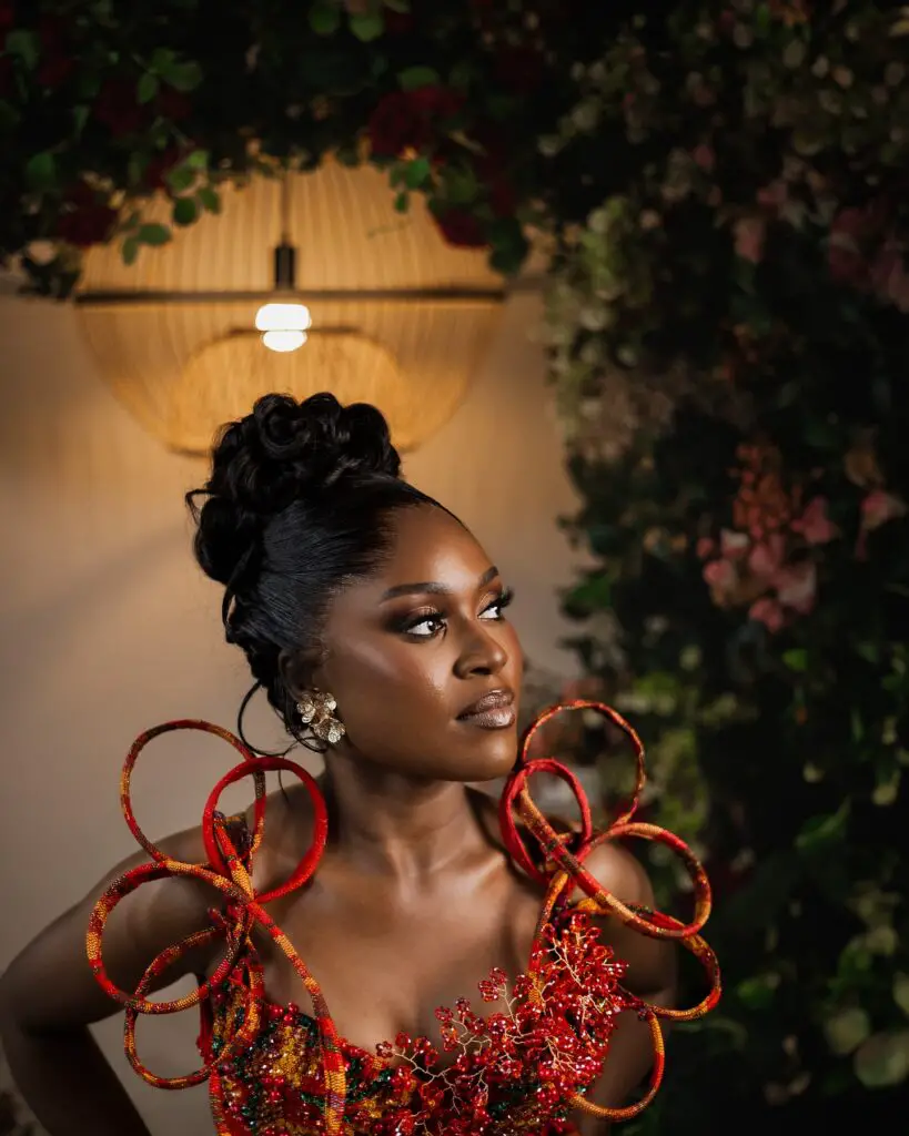 Ghanaian bride looking up