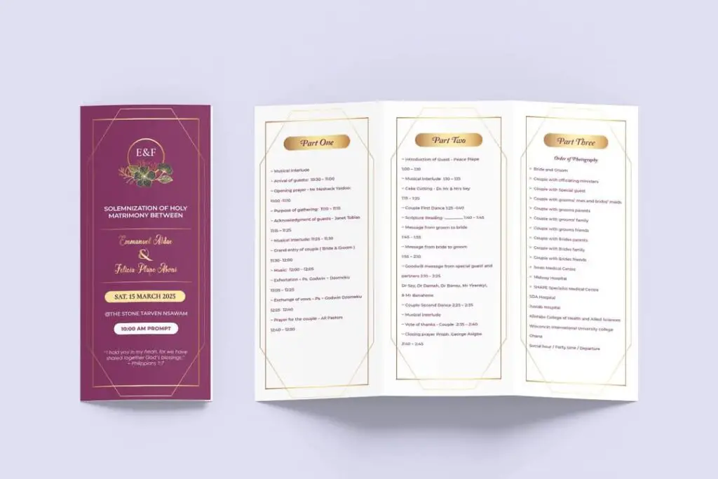 folded Wedding Program Outline