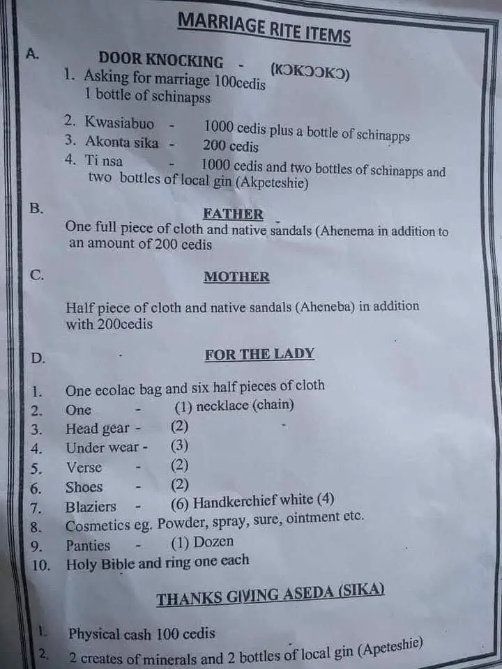 Akan Traditional Marriage List in Ghana Examples Shared by Couples